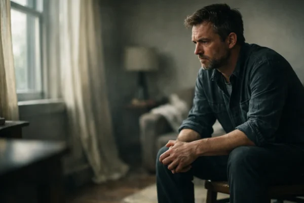 Osoba u tišini razmišlja i suočava se s opsesivnim mislima u mirnom interijeru