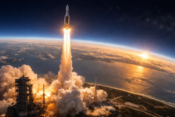 Lansiranje rakete u orbitu uz zakrivljenost Zemlje, simbol važnosti datuma lansiranja