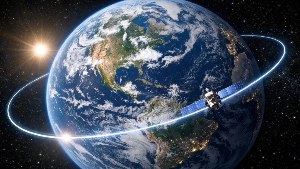 Prikaz Zemljine orbite i satelita koji objašnjava osnovne pojmove orbitalnih prozora