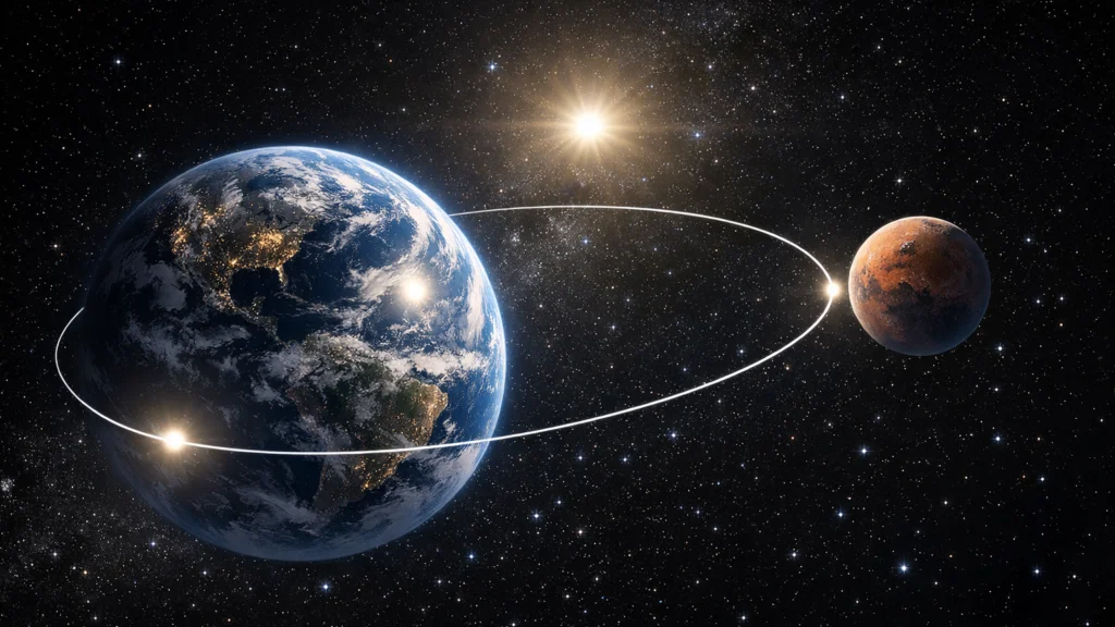 Prikaz putanje svemirske letjelice između Zemlje i Marsa