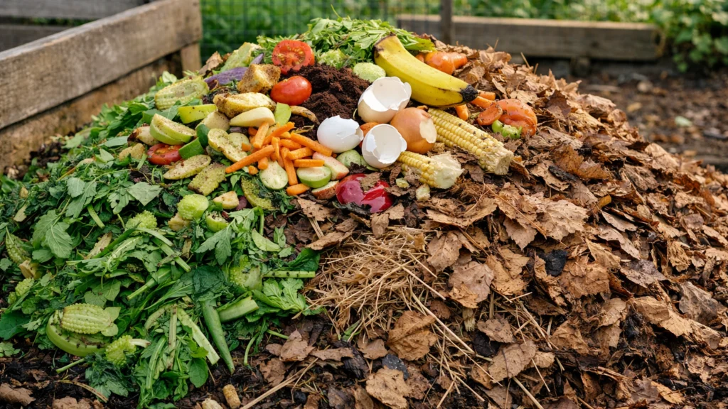 Kompostna hrpa s pravilnim omjerom zelenog i smeđeg materijala