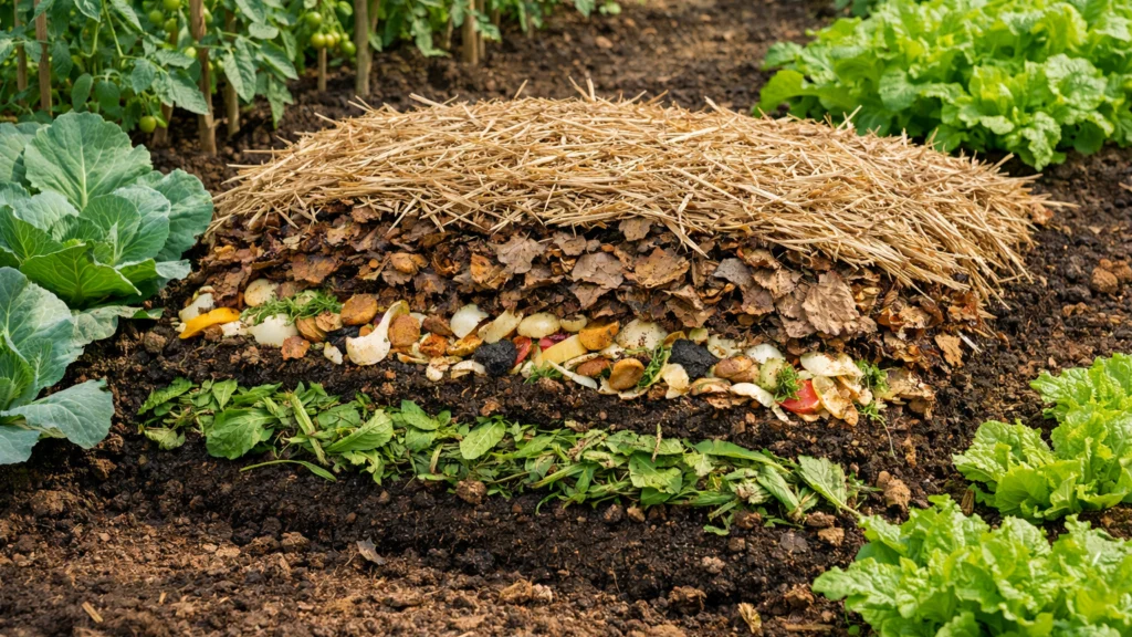 Sheet composting metoda s organskim slojevima i malčem na tlu