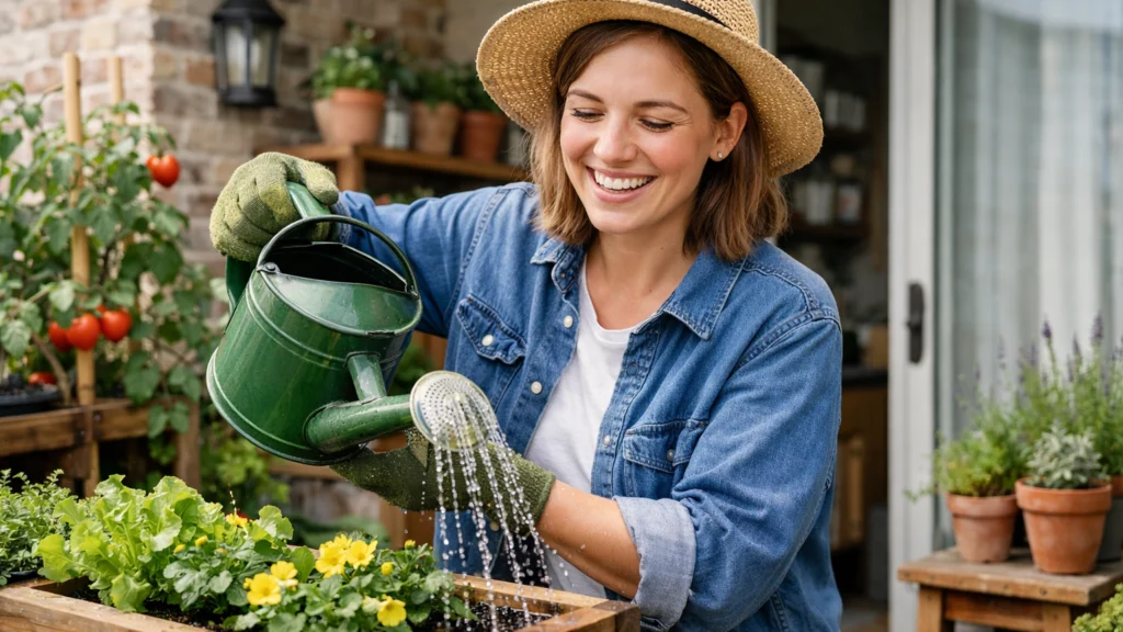 Početnik u vrtlarenju zalijeva biljke u kućnom vrtu