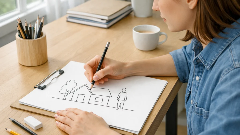 Početnički crtež bez sjenčanja koji izgleda plosnato i bez dubine