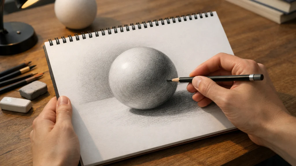 Vježba sjenčanja kugle olovkom za razumijevanje dubine i volumena