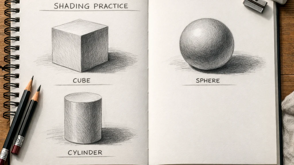 Praktične vježbe sjenčanja na kugli, kocki i cilindru