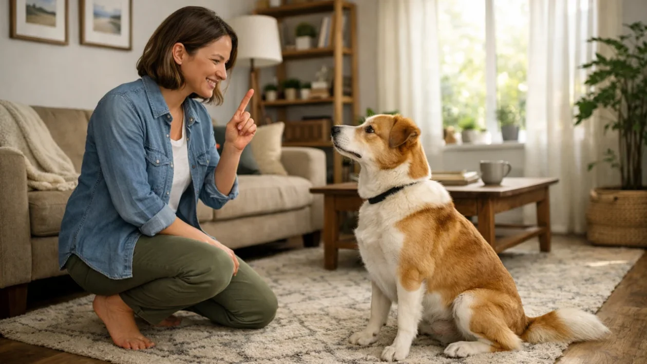 Osnovni trening poslušnosti psa kod kuće u dnevnom boravku