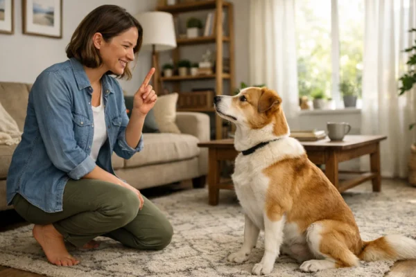 Osnovni trening poslušnosti psa kod kuće u dnevnom boravku