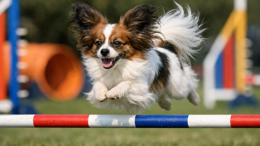 Papillon pas u agility treningu pokazuje brzinu i inteligenciju