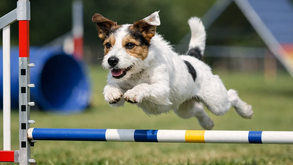 Parson russell terijer na agility treningu, brz i spretan pas