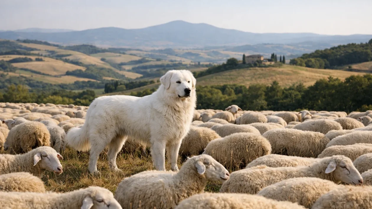 Pastore maremmano čuva stado ovaca u ruralnom krajoliku