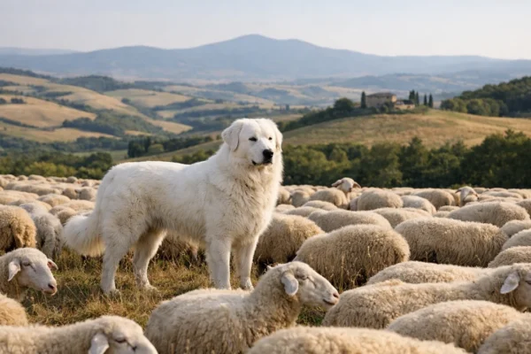 Pastore maremmano čuva stado ovaca u ruralnom krajoliku