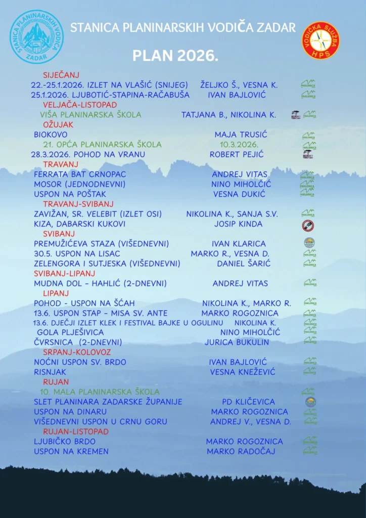 Plan izleta PD Paklenica za 2026. godinu s popisom tura i datuma