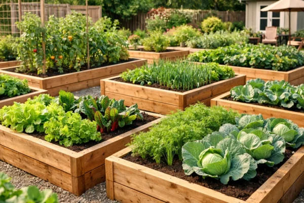 Podignute gredice u vrtu s povrćem, drvene gredice i zdrave biljke