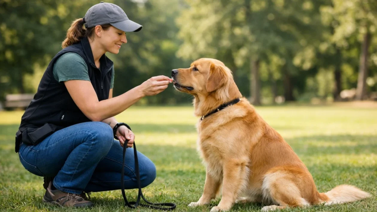 Pozitivno potkrepljenje u dresuri pasa – trener nagrađuje psa poslasticom u parku