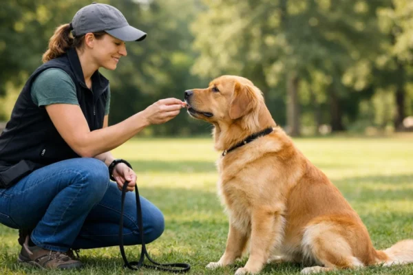 Pozitivno potkrepljenje u dresuri pasa – trener nagrađuje psa poslasticom u parku