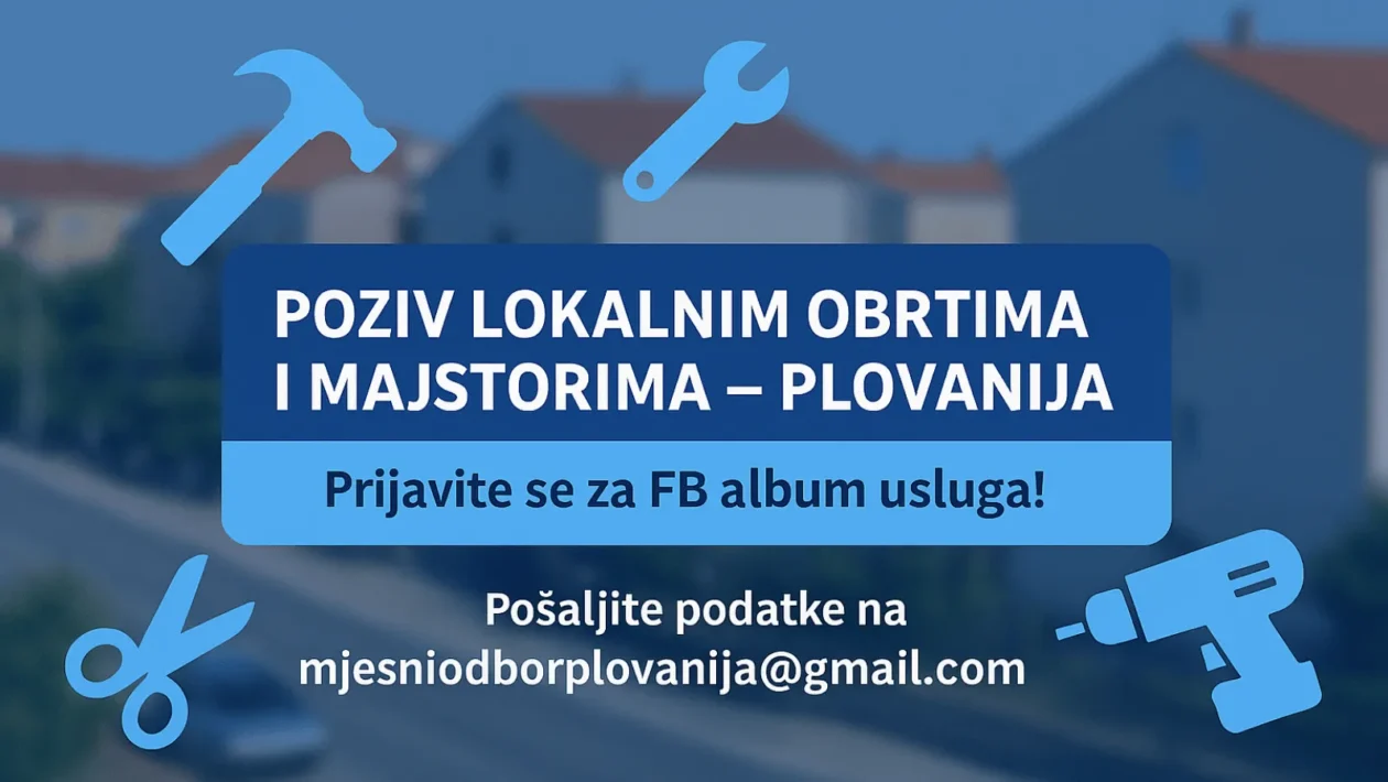 Poziv lokalnim obrtima i majstorima na Plovaniji – plava hero slika s ikonama obrta i tekstom o FB albumu usluga