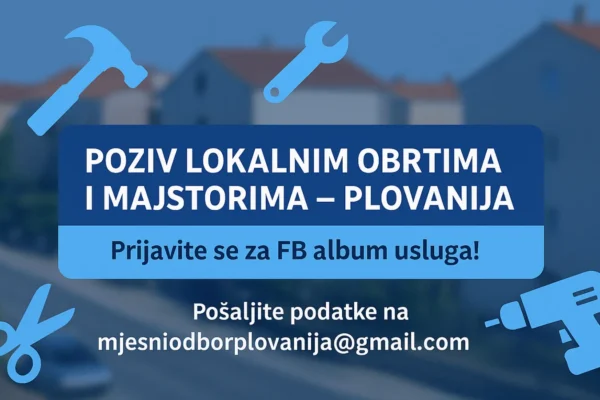 Poziv lokalnim obrtima i majstorima na Plovaniji – plava hero slika s ikonama obrta i tekstom o FB albumu usluga
