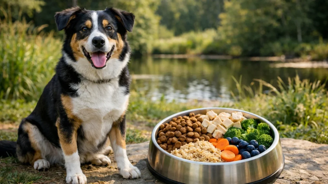 Zdravi pas uz zdjelicu uravnotežene pseće hrane na otvorenom