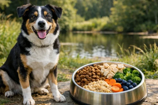 Zdravi pas uz zdjelicu uravnotežene pseće hrane na otvorenom