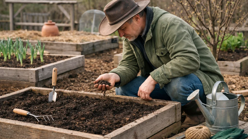 Početna faza pripreme vrtnih gredica u kućnom vrtu