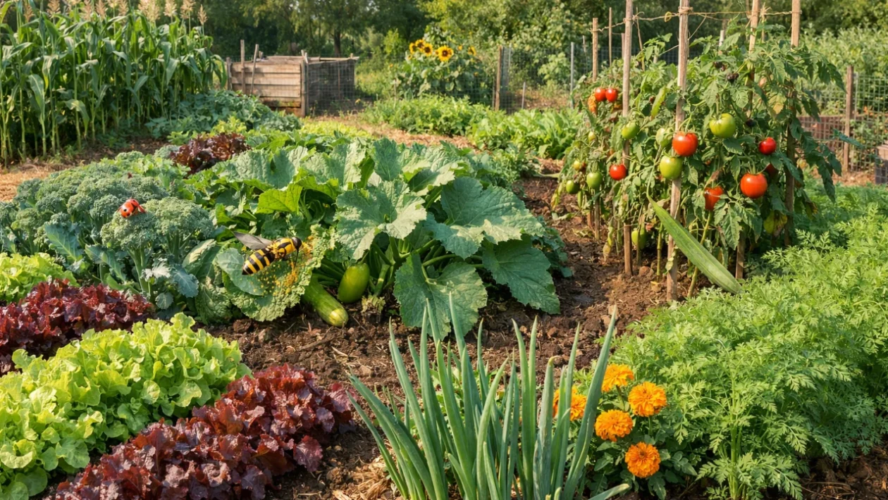 Zdrav vrt s bujnim biljkama i prirodnom zaštitom bez kemikalija