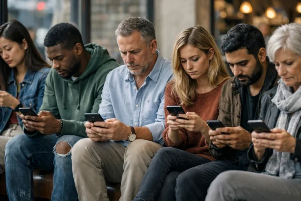 Ljudi zajedno u prostoru ali fokusirani na društvene mreže i mobitele