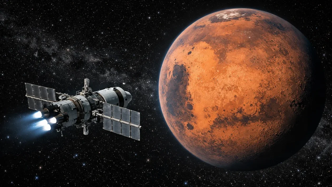 Putovanje prema Marsu s letjelicom i crvenim planetom u pozadini