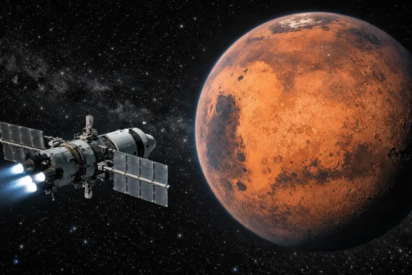 Putovanje prema Marsu s letjelicom i crvenim planetom u pozadini