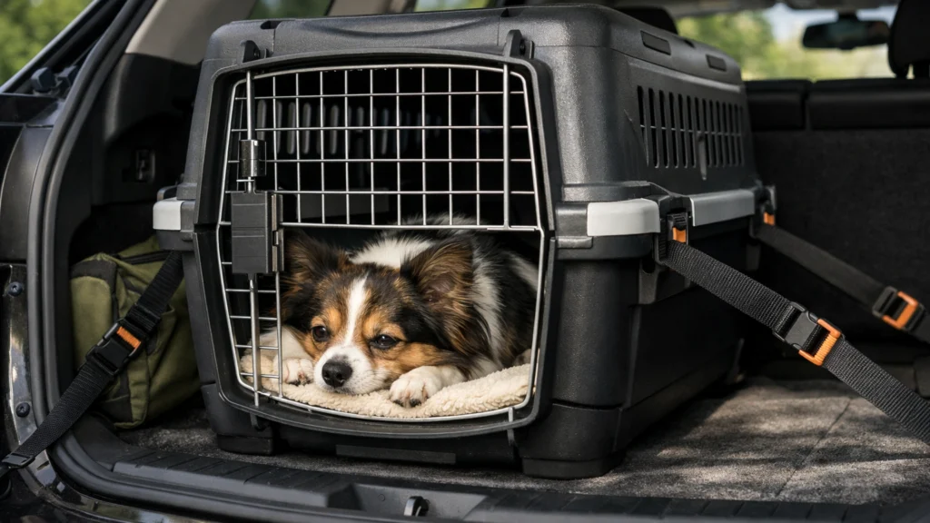 Mali pas sigurno smješten u transporteru tijekom vožnje