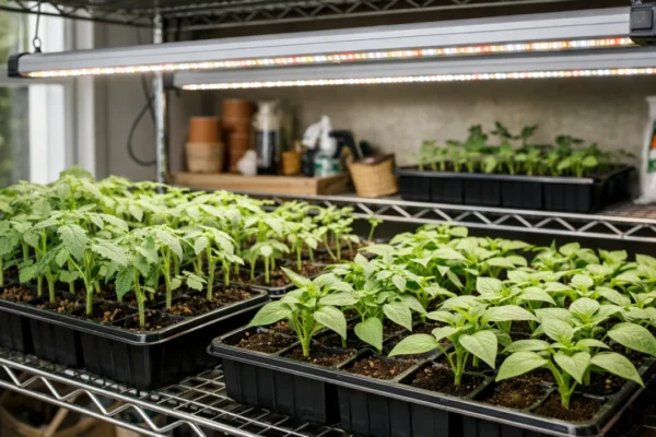 Rasvjeta za presadnice u zatvorenom prostoru s LED lampama i zdravim mladim biljkama