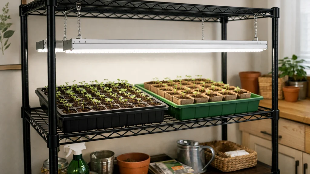 LED rasvjeta postavljena iznad presadnica u praktičnom kućnom uzgoju