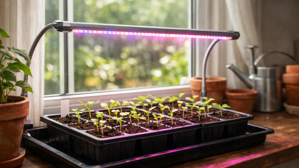 Kombinacija prirodnog svjetla i LED rasvjete za uzgoj presadnica