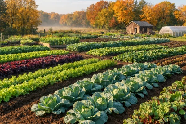 Sadnja jesenskih kultura u vrtu tijekom jeseni s pripremljenim gredicama i povrćem