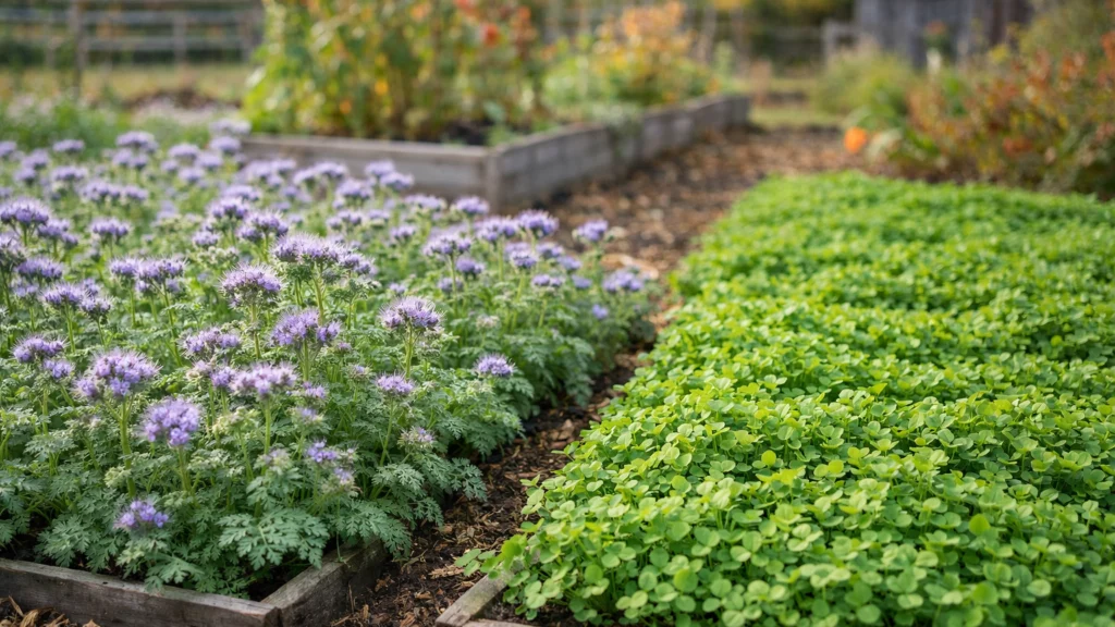 Pokrovni usjevi poput djeteline i facelije u jesenskom vrtu