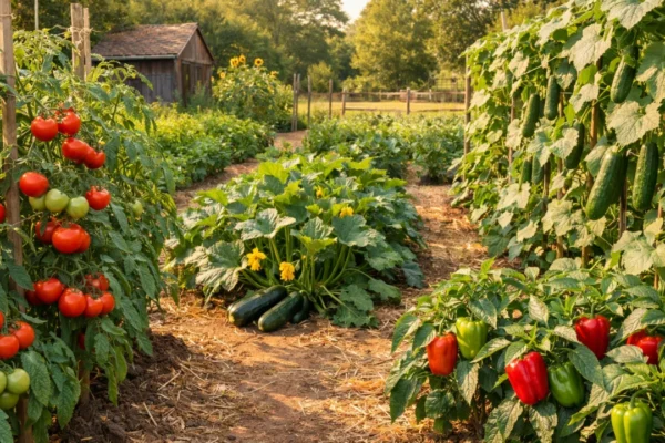Ljetni povrtnjak s rajčicama, paprikom i tikvicama u punom rastu