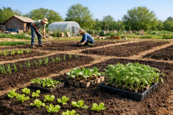 Sadnja proljetnih kultura u vrtu s pripremljenim gredicama i mladim biljkama