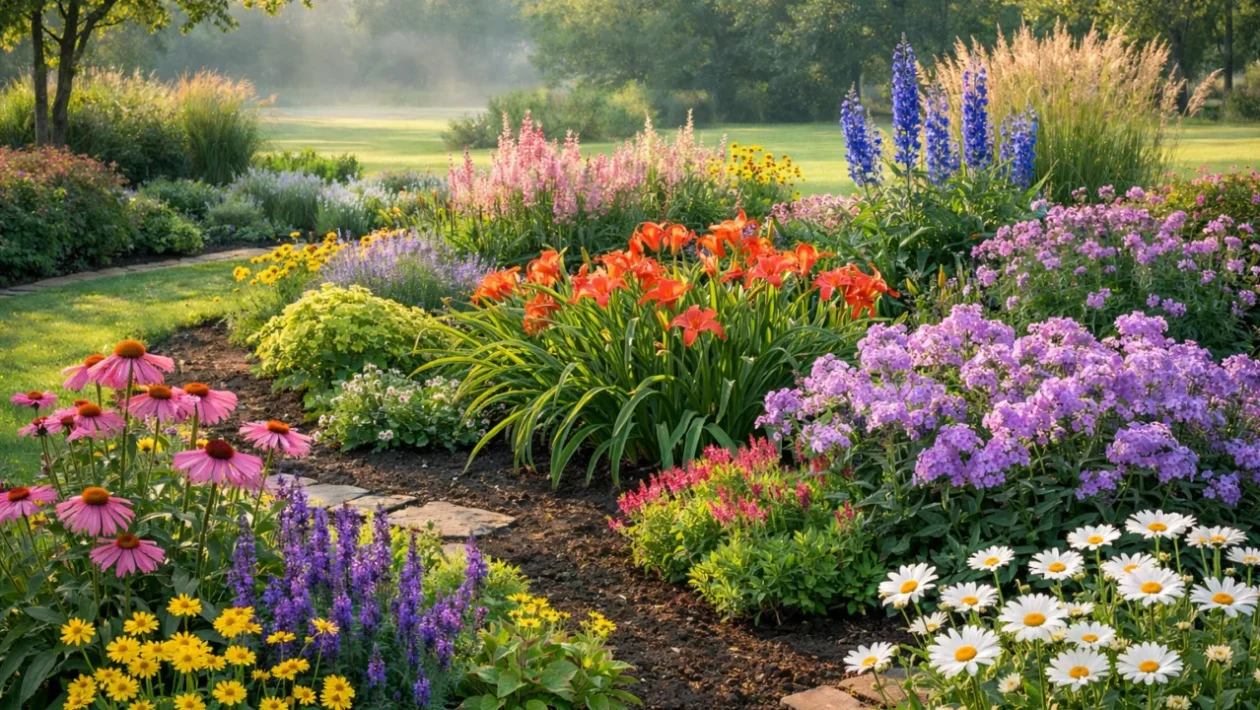 Sadnja višegodišnje cvijeće u uređenom vrtu s trajnicama u punom cvatu