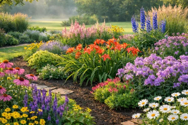 Sadnja višegodišnje cvijeće u uređenom vrtu s trajnicama u punom cvatu