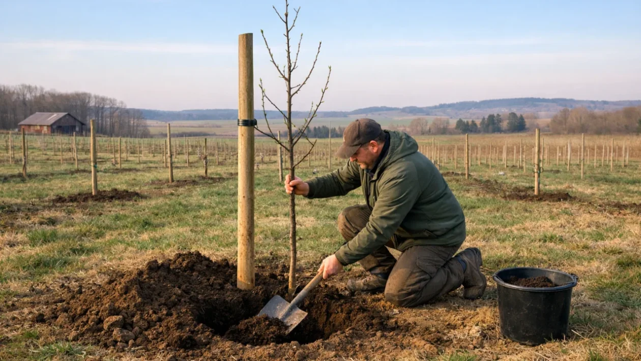 Sadnja voćaka u voćnjaku s pravilno pripremljenom jamom i osloncem