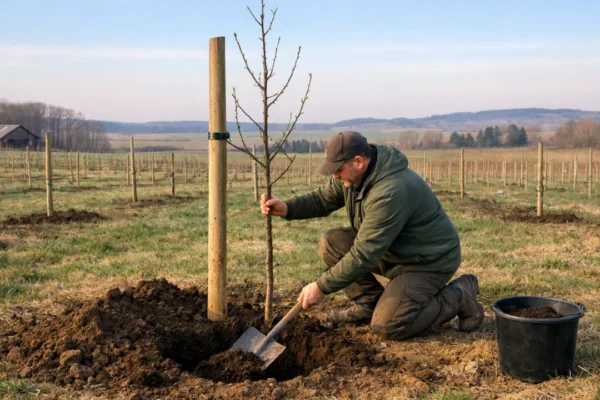 Sadnja voćaka u voćnjaku s pravilno pripremljenom jamom i osloncem