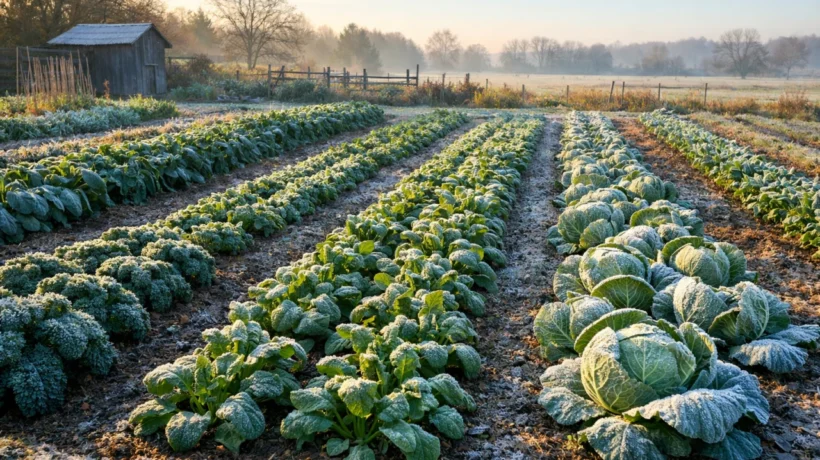 Zimski povrtnjak sa posađenim zimskim kulturama prekriven laganim mrazom