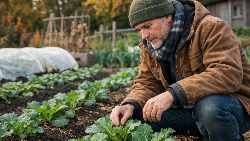 Vrtlar provjerava rast zimskih kultura u kućnom vrtu tijekom jeseni