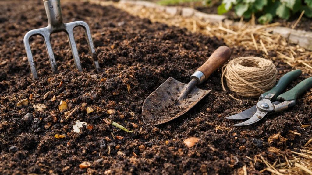 Priprema tla za sadnju zimskih kultura uz kompost i vrtni alat