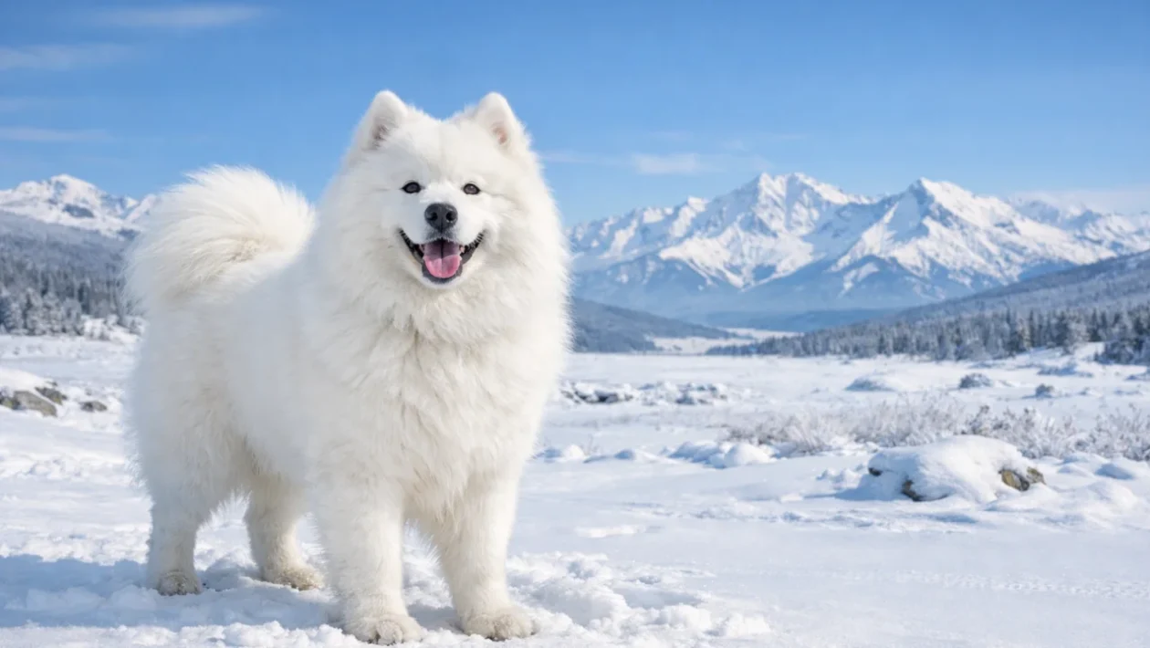 Samojed pas u snježnom krajoliku s prepoznatljivim bijelim krznom i osmijehom