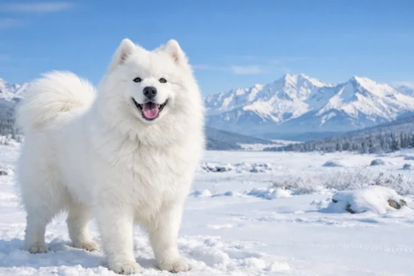 Samojed pas u snježnom krajoliku s prepoznatljivim bijelim krznom i osmijehom