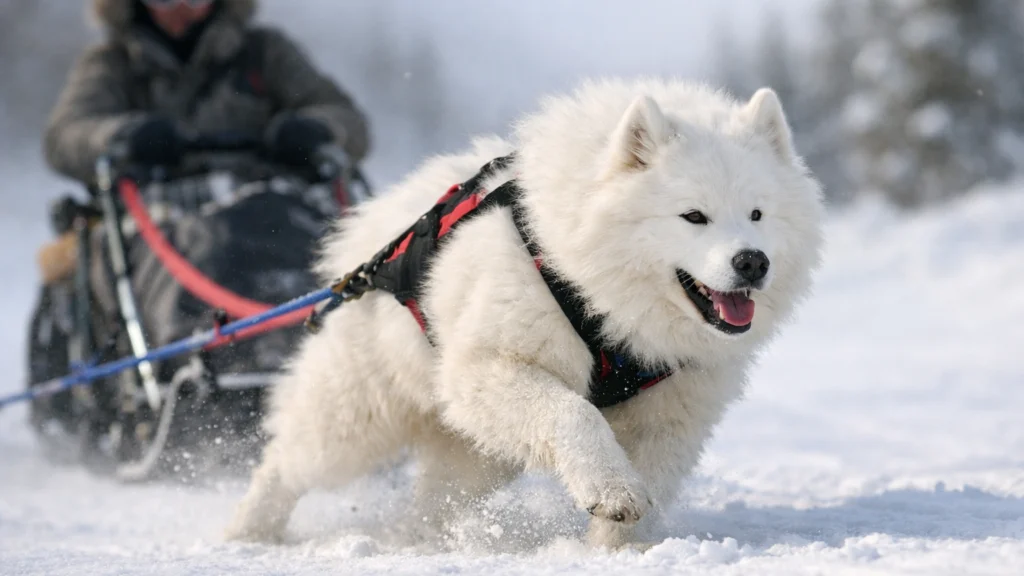 Samojed kao radni pas u vuči saonica na hladnom otvorenom prostoru