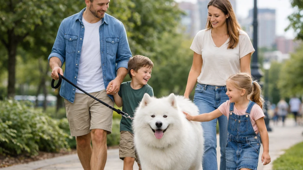 Samojed u šetnji s obitelji u parku kao aktivan i druželjubiv pas