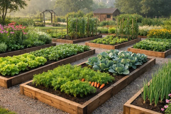 Uređen vrt bez korova s povrtnim gredicama i zdravim biljkama