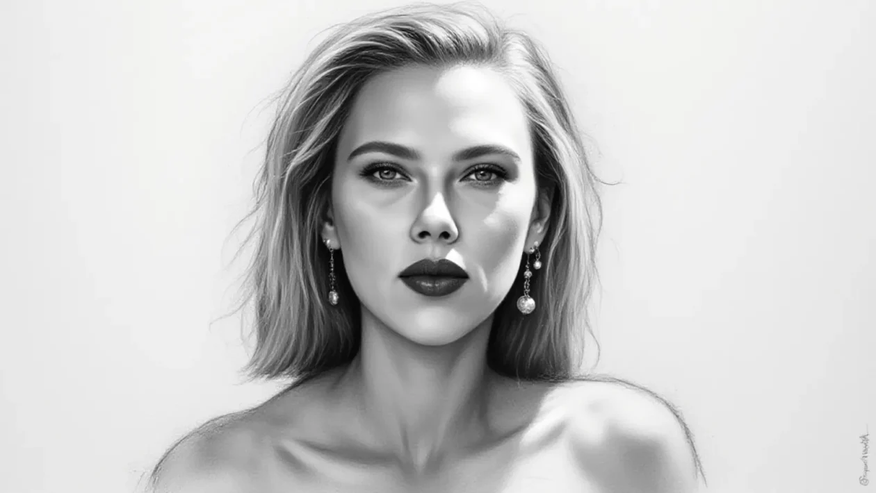 Portret Scarlett Johansson u ugalj stilu, realističan crno-bijeli crtež s naglašenim kontrastom i izražajnim linijama